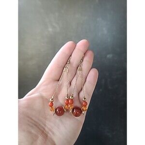 Burnt Orange And Gold Tone Metal Beaded Dangling Pierced Earrings Vintage